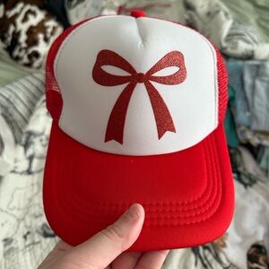 Red and White Trucker Hat with Bow Design
